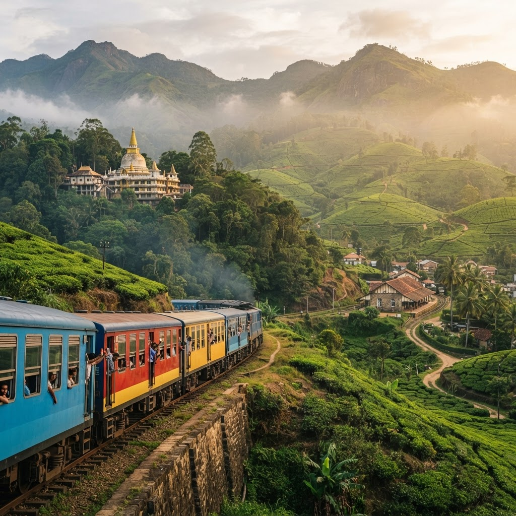 Scenic train through Sri Lankan tea estates with emerald mountains