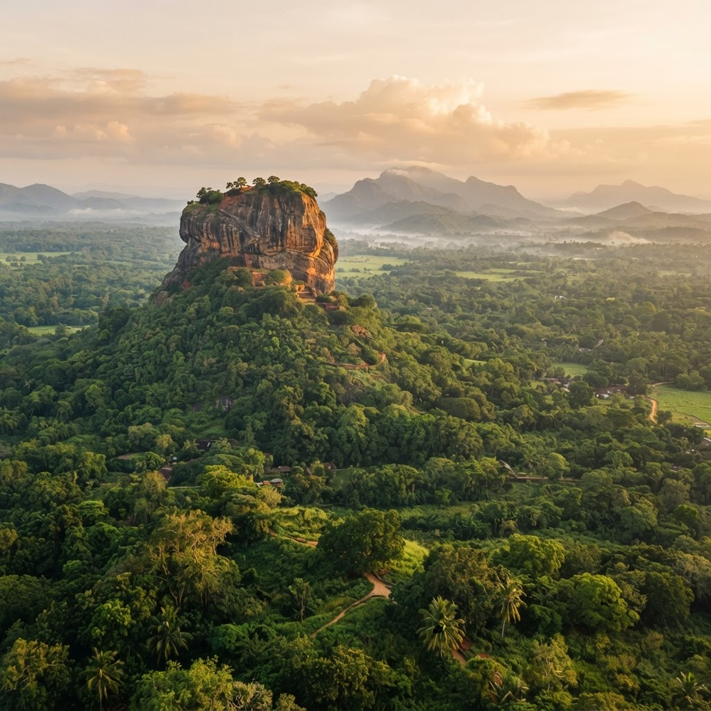 Majestic Sigiriya Rock Fortress surrounded by lush green valleys
