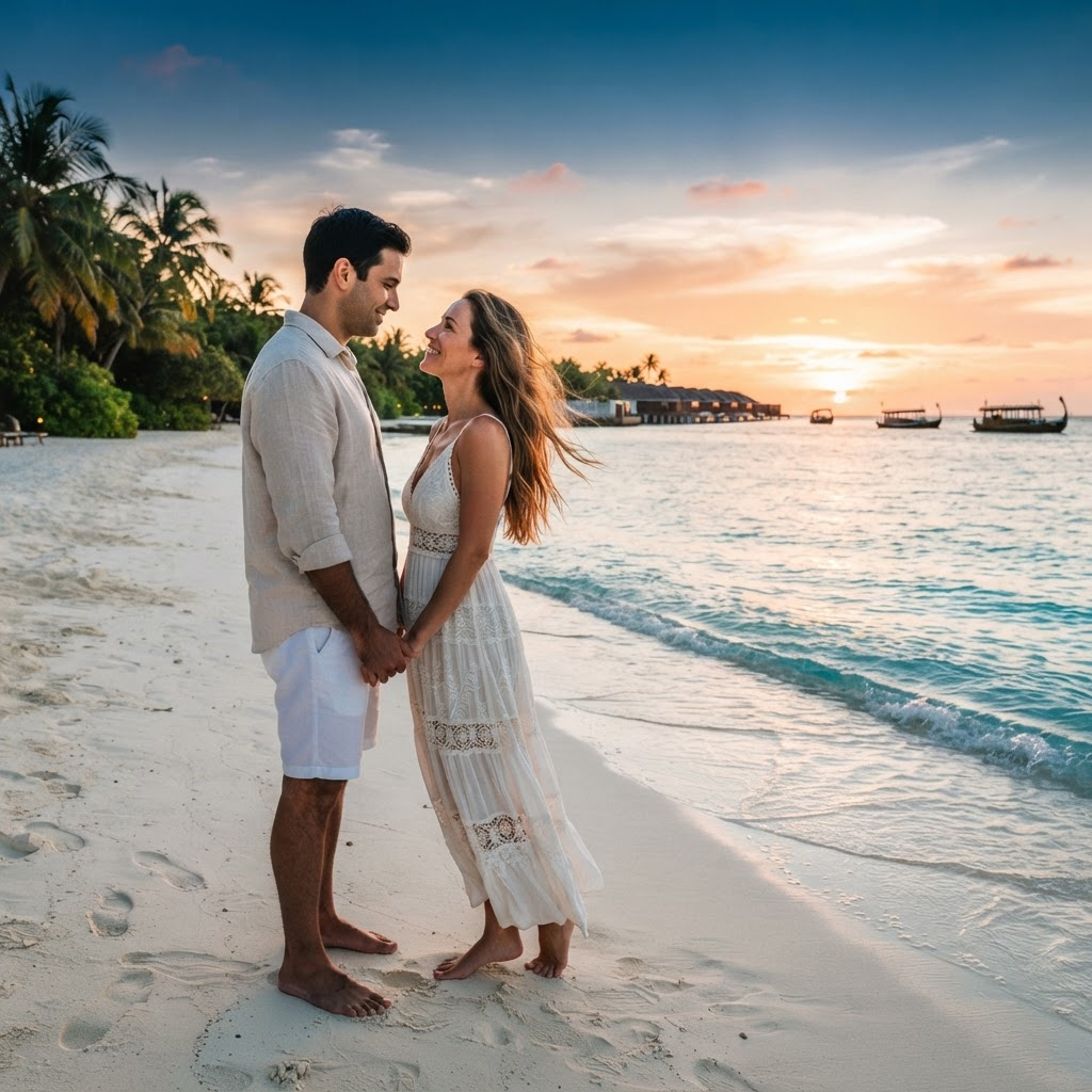 Romantic couple on a tropical beach at sunset in the Maldives