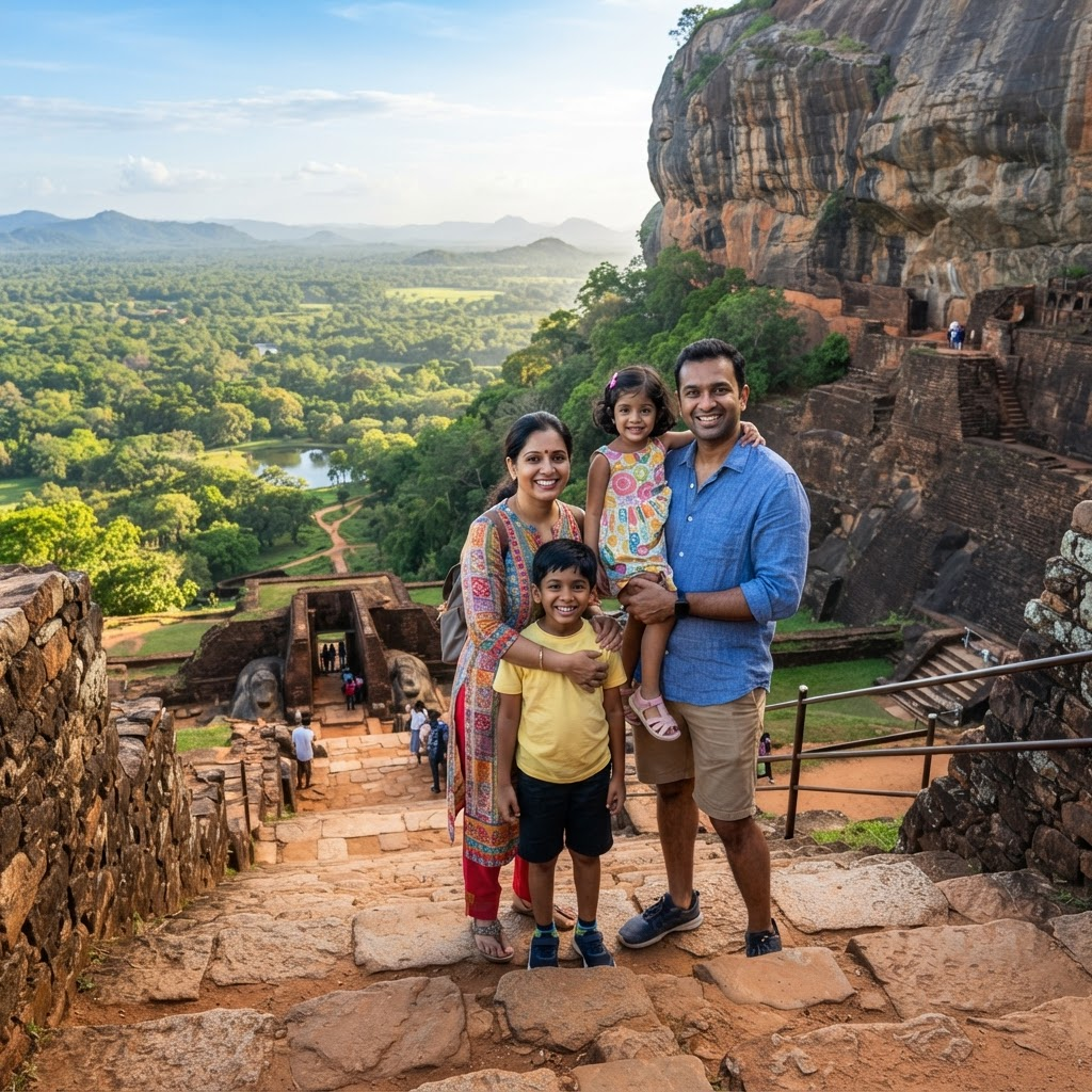Happy family at Sigiriya Rock Fortress in Sri Lanka